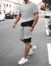 MEN COLOURBLOCK TEE & DRAWSTRING WAIST SHORTS